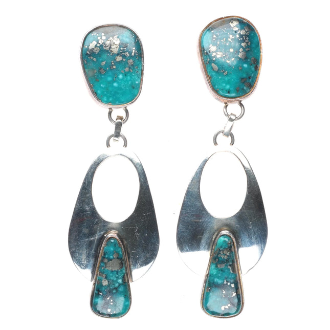 3" Long Tommy Jackson Navajo Morenci Turquoise sterling silver earrings