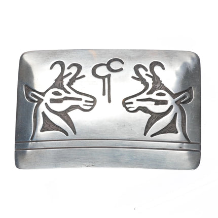 Virgil Thomas Hopi Overlay 2 rams belt buckle sterling silver