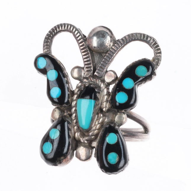 sz5 Howard/Catherine Leekela Zuni sterling silver jet/turquoise butterfly ring