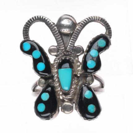 sz5 Howard/Catherine Leekela Zuni sterling silver jet/turquoise butterfly ring