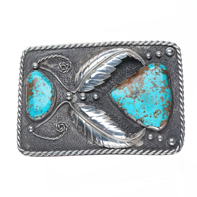 60's-70's Vintage Navajo sterling silver belt buckle w/two large turquoise