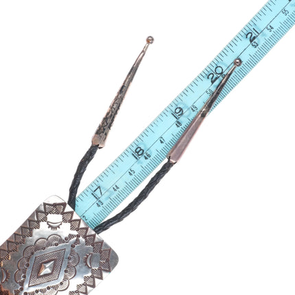Vintage Herman Smith Navajo rug pattern sterling silver heavily stamped bolo tie