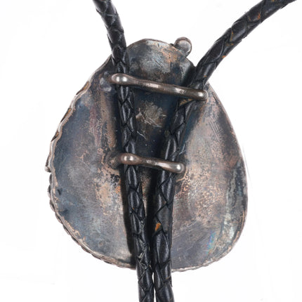 50's-60's Navajo sterling silver waterweb turquoise bolo tie w/feather design
