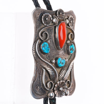 c1960 c-31 Navajo sterling silver, turquoise/coral large bolo tie