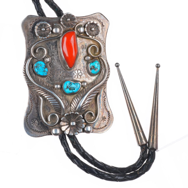 c1960 c-31 Navajo sterling silver, turquoise/coral large bolo tie
