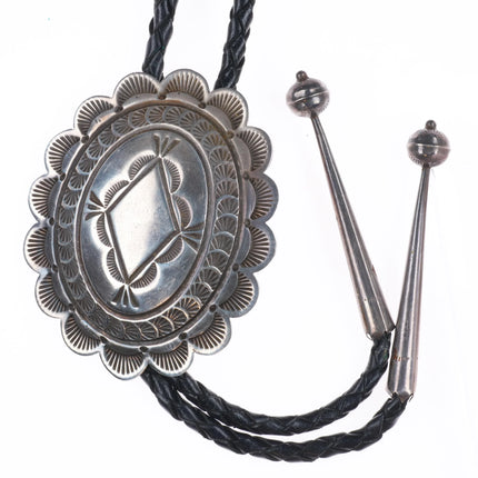 1980's Vintage Clem Nalwood Navajo nicely stamped sterling silver bolo tie