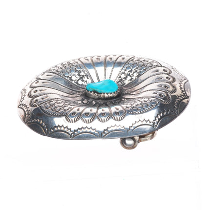 1980's Vintage Navajo sterling silver turquoise belt buckle w/stamped design