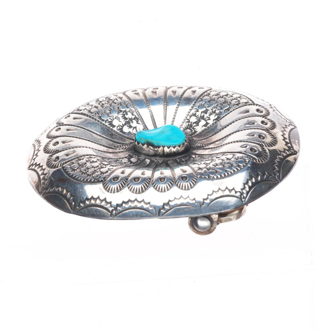1980's Vintage Navajo sterling silver turquoise belt buckle w/stamped design