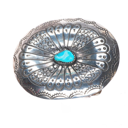 1980's Vintage Navajo sterling silver turquoise belt buckle w/stamped design