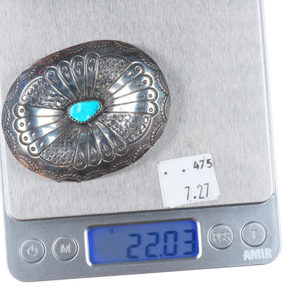 1980's Vintage Navajo sterling silver turquoise belt buckle w/stamped design
