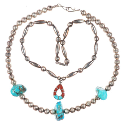 15" & 17" 2 1970's Vintage Navajo sterling silver turquoise/chip inlay necklaces