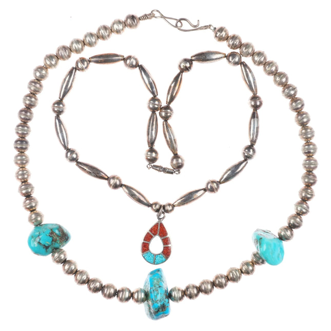 15" & 17" 2 1970's Vintage Navajo sterling silver turquoise/chip inlay necklaces