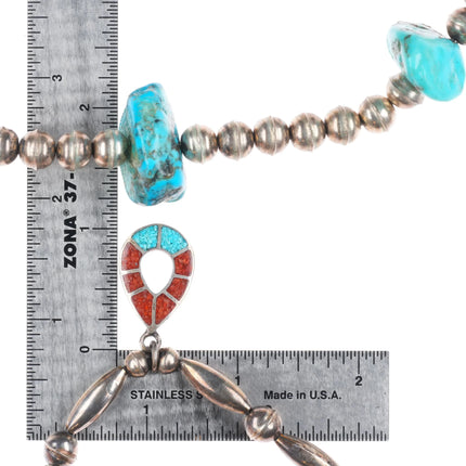 15" & 17" 2 1970's Vintage Navajo sterling silver turquoise/chip inlay necklaces