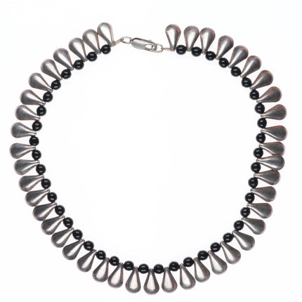 16" Retro Taxco Mexican sterling silver onyx beaded tab choker necklace
