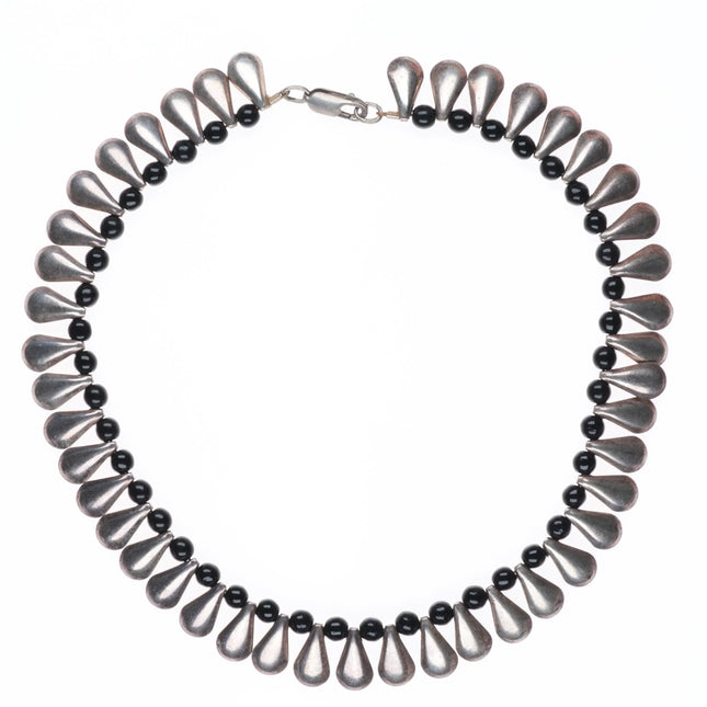 16" Retro Taxco Mexican sterling silver onyx beaded tab choker necklace