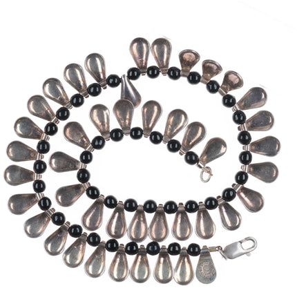 16" Retro Taxco Mexican sterling silver onyx beaded tab choker necklace