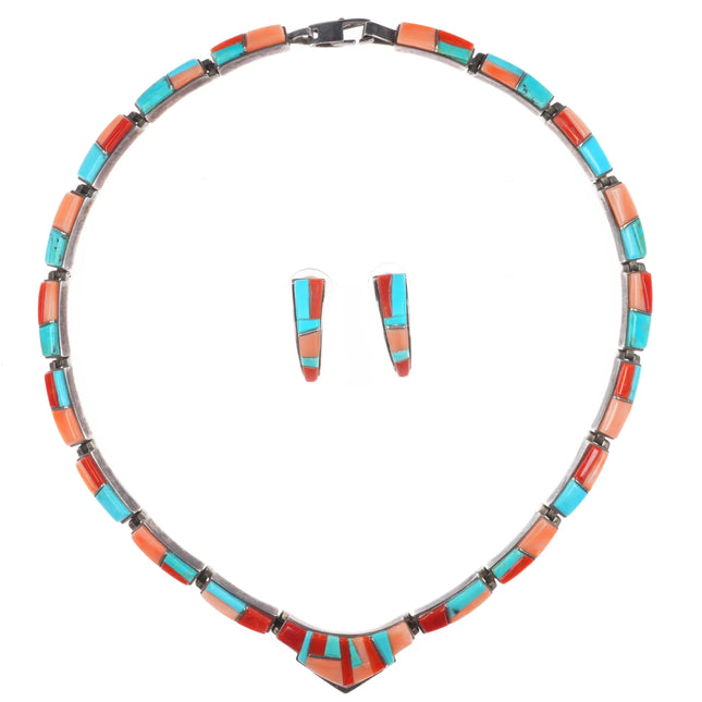 David Rosales Supersmith Coral/Turquoise sterling silver inlay necklace/earrings