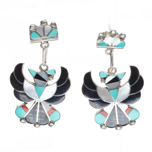B Wallace Zuni sterling silver channel inlay thunderbird dangle earrings