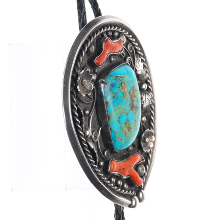 c1970 Huge Navajo Morenci turquoise tips branch coral sterling silver bolo tie