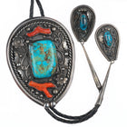 c1970 Huge Navajo Morenci turquoise tips branch coral sterling silver bolo tie