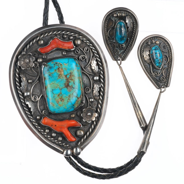 c1970 Huge Navajo Morenci turquoise tips branch coral sterling silver bolo tie