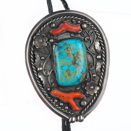 c1970 Huge Navajo Morenci turquoise tips branch coral sterling silver bolo tie