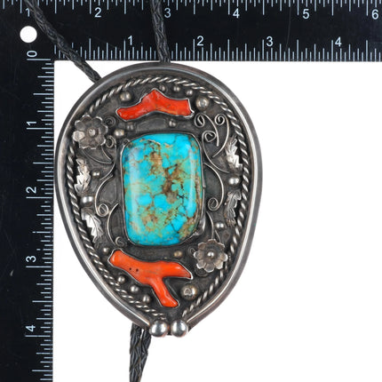 c1970 Huge Navajo Morenci turquoise tips branch coral sterling silver bolo tie