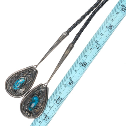c1970 Huge Navajo Morenci turquoise tips branch coral sterling silver bolo tie