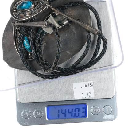 c1970 Huge Navajo Morenci turquoise tips branch coral sterling silver bolo tie