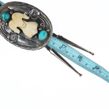 c1970 RB Vintage Navajo sterling silver, turquoise carved bone ram bolo tie