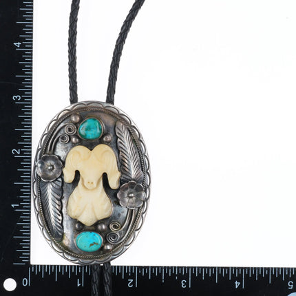 c1970 RB Vintage Navajo sterling silver, turquoise carved bone ram bolo tie