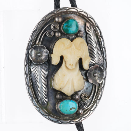 c1970 RB Vintage Navajo sterling silver, turquoise carved bone ram bolo tie