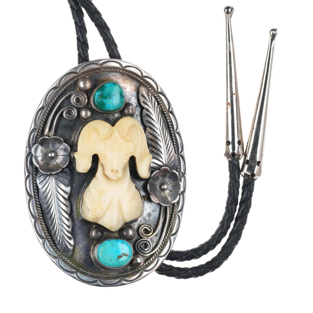 c1970 RB Vintage Navajo sterling silver, turquoise carved bone ram bolo tie