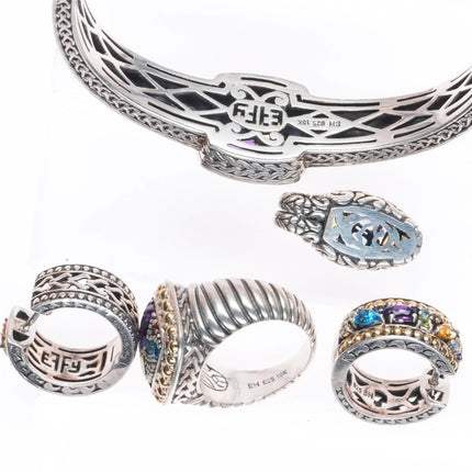 sz7 Effy Sterling Silver/18K Gold Multi Gemstone Bangle, Ring, earrings, pendant