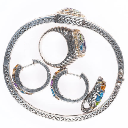 sz7 Effy Sterling Silver/18K Gold Multi Gemstone Bangle, Ring, earrings, pendant