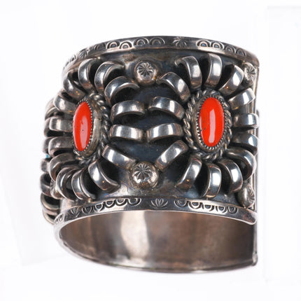 7.25" Vintage Navajo sterling silver, turquoise/coral modernist cuff bracelet