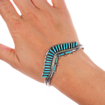 6.5" BB Zuni sterling silver turquoise curved needlepoint cuff bracelet