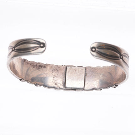 6.2" 20's-30's Navajo turquoise row cuff bracelet sterling silver stamped sides