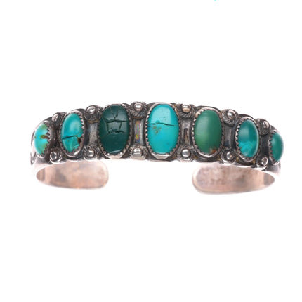 6.2" 20's-30's Navajo turquoise row cuff bracelet sterling silver stamped sides