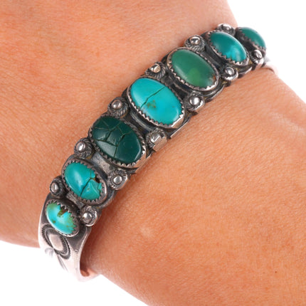 6.2" 20's-30's Navajo turquoise row cuff bracelet sterling silver stamped sides