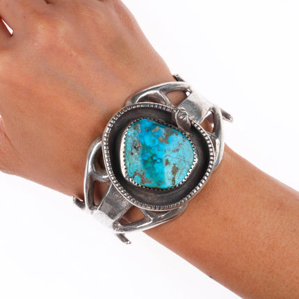 6.75" Vintage Navajo cast sterling silver shadowbox cuff bracelet nice turquoise