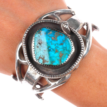 6.75" Vintage Navajo cast sterling silver shadowbox cuff bracelet nice turquoise