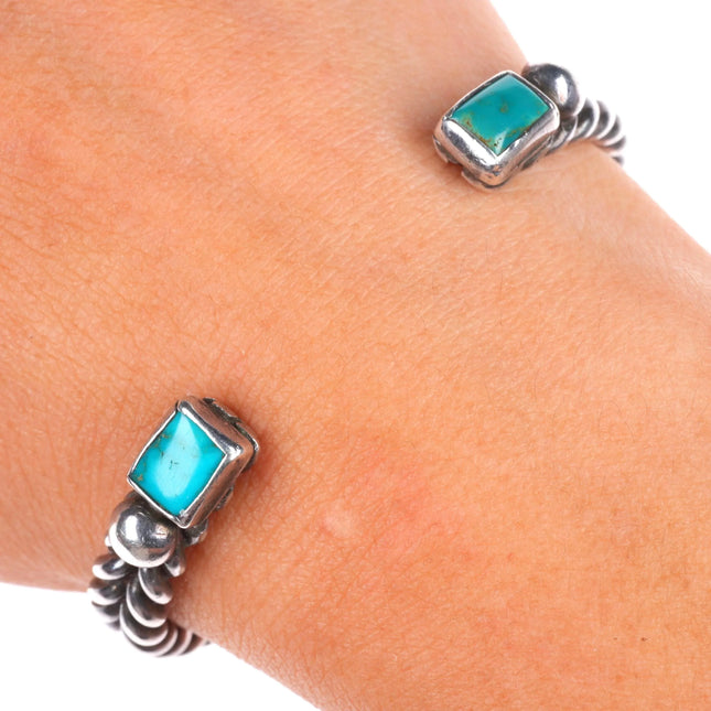5.9" Navajo twisted sterling silver wire turquoise terminals cuff bracelet