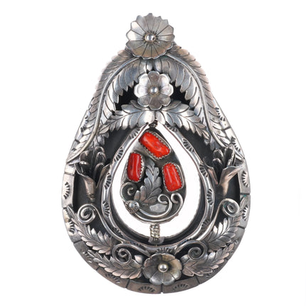 Huge c1970 Jerry Roan reversible spinner coral/turquoise sterling silver pendant