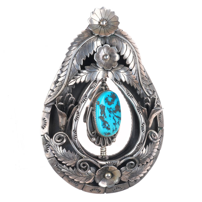 Huge c1970 Jerry Roan reversible spinner coral/turquoise sterling silver pendant
