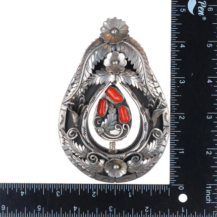 Huge c1970 Jerry Roan reversible spinner coral/turquoise sterling silver pendant