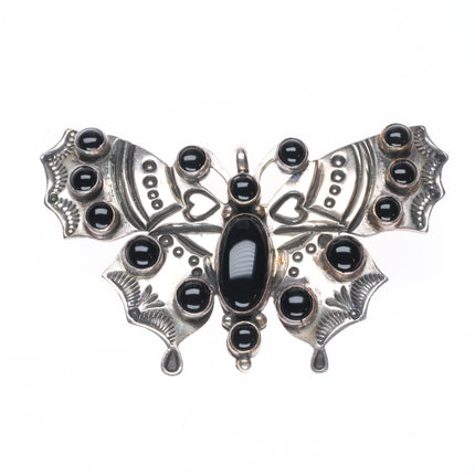 David Reeves Navajo heavily stamped sterling silver onyx butterfly pin/brooch