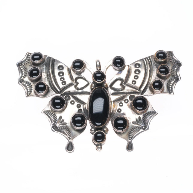 David Reeves Navajo heavily stamped sterling silver onyx butterfly pin/brooch