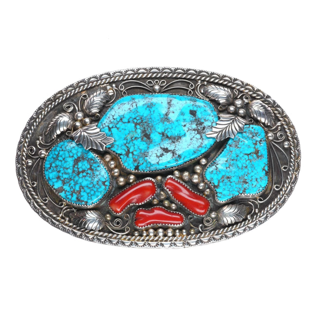 Huge Vintage 1960's Navajo spiderweb turquoise coral belt buckle sterling silver