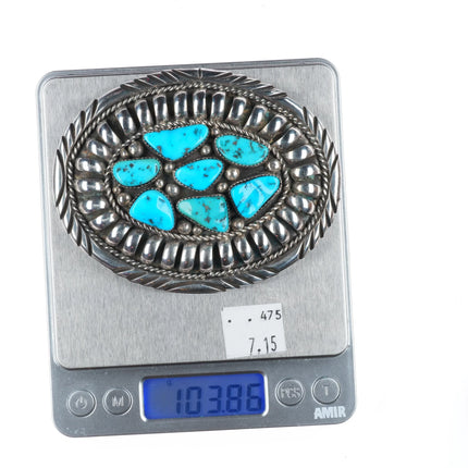 Large Vintage 1960's-70's Navajo kingman turquoise belt buckle sterling silver